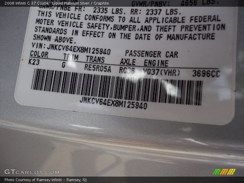 Liquid Platinum Silver / Graphite 2008 Infiniti G 37 Coupe