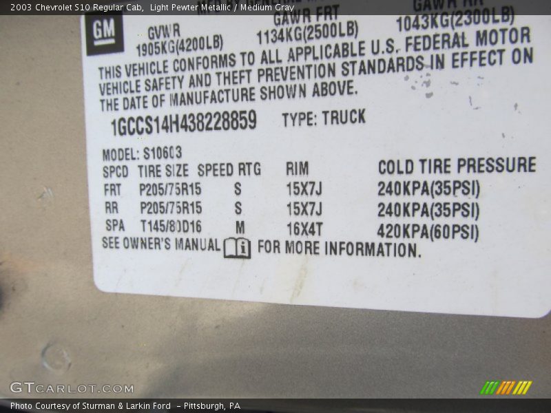 Light Pewter Metallic / Medium Gray 2003 Chevrolet S10 Regular Cab