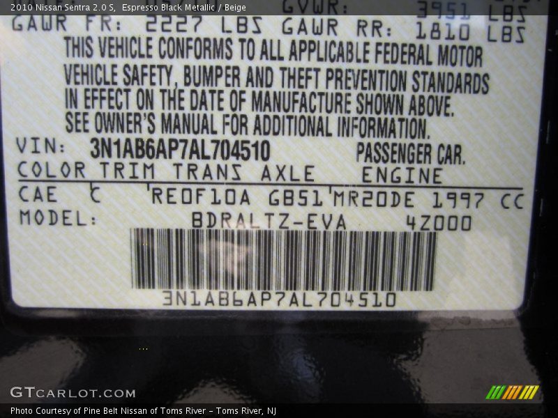 Espresso Black Metallic / Beige 2010 Nissan Sentra 2.0 S
