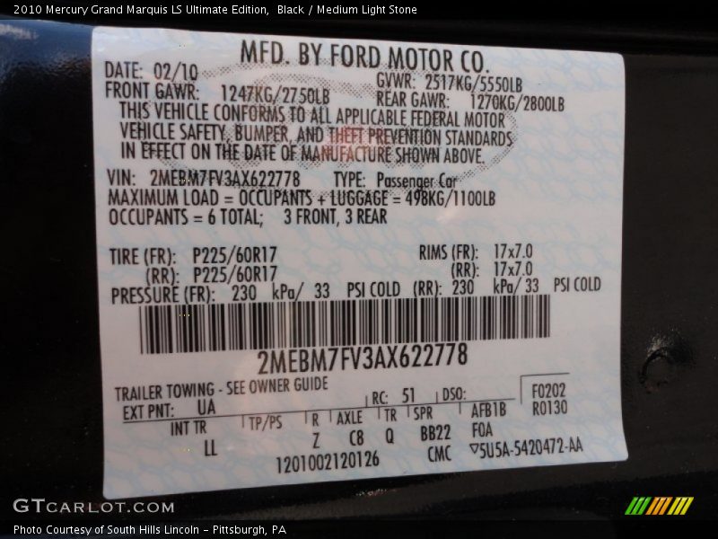 Black / Medium Light Stone 2010 Mercury Grand Marquis LS Ultimate Edition