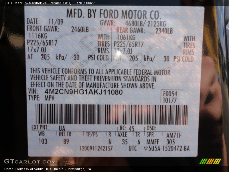 Black / Black 2010 Mercury Mariner V6 Premier 4WD