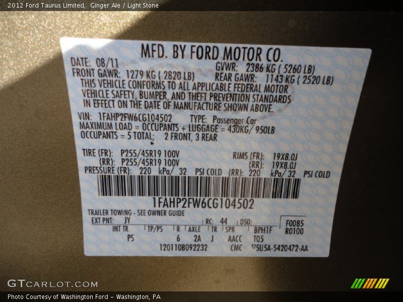 2012 Taurus Limited Ginger Ale Color Code JY