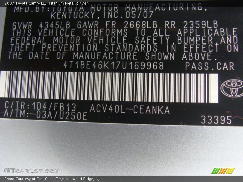 Titanium Metallic / Ash 2007 Toyota Camry LE
