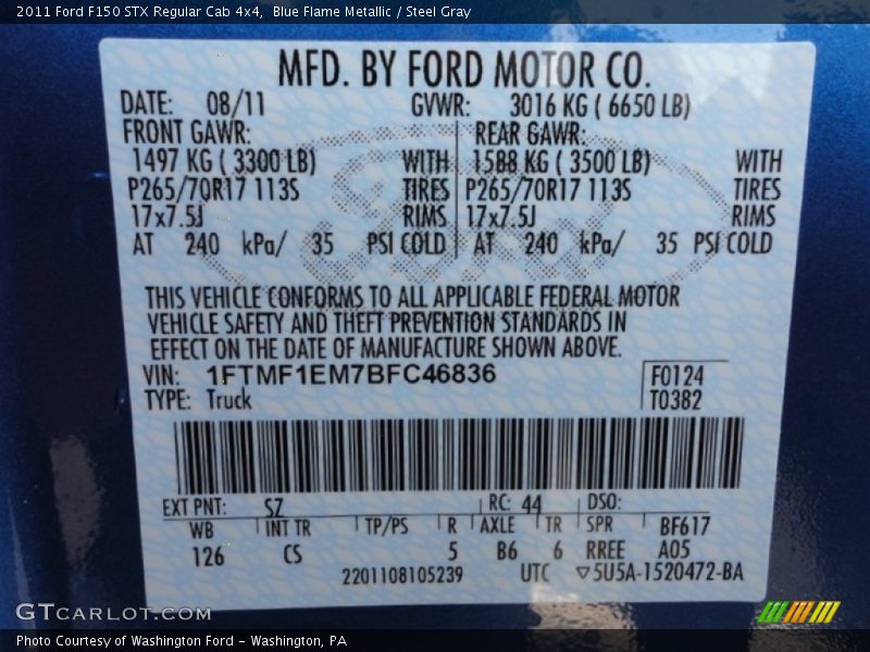 2011 F150 STX Regular Cab 4x4 Blue Flame Metallic Color Code SZ