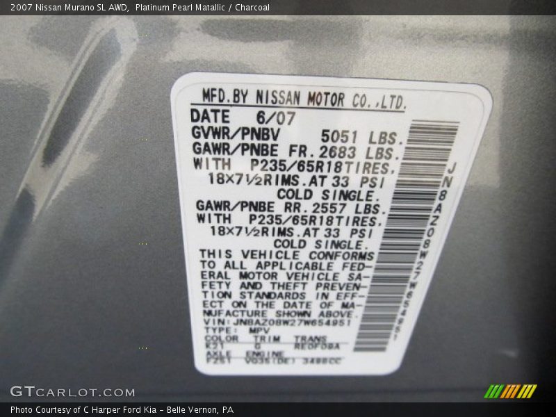 Platinum Pearl Matallic / Charcoal 2007 Nissan Murano SL AWD