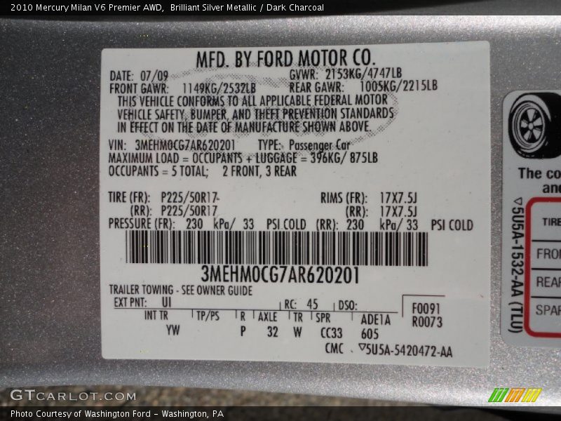 2010 Milan V6 Premier AWD Brilliant Silver Metallic Color Code UI