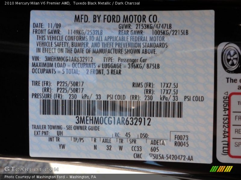 Tuxedo Black Metallic / Dark Charcoal 2010 Mercury Milan V6 Premier AWD