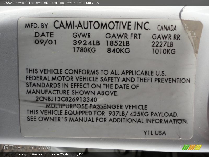 White / Medium Gray 2002 Chevrolet Tracker 4WD Hard Top