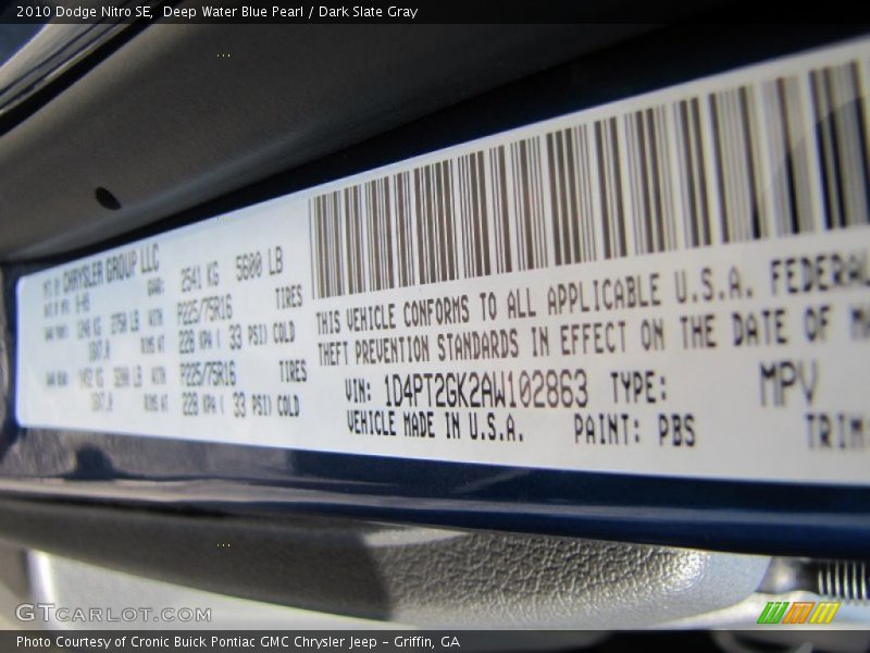 Deep Water Blue Pearl / Dark Slate Gray 2010 Dodge Nitro SE