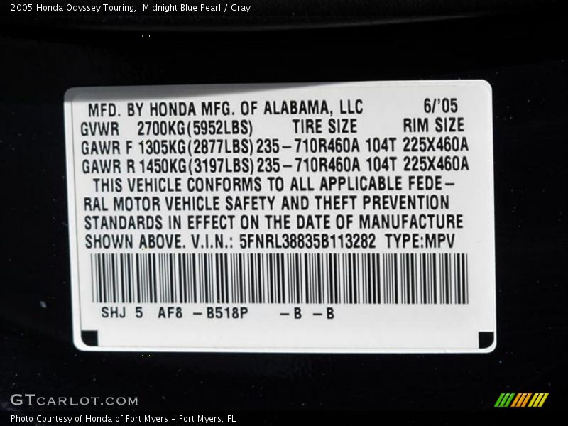 Midnight Blue Pearl / Gray 2005 Honda Odyssey Touring