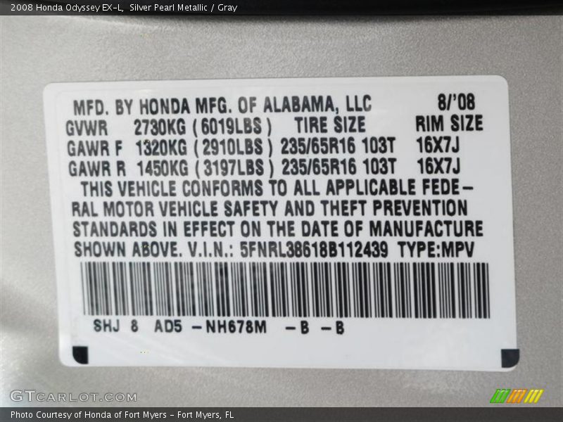 Silver Pearl Metallic / Gray 2008 Honda Odyssey EX-L