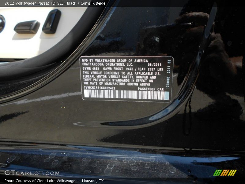 Info Tag of 2012 Passat TDI SEL