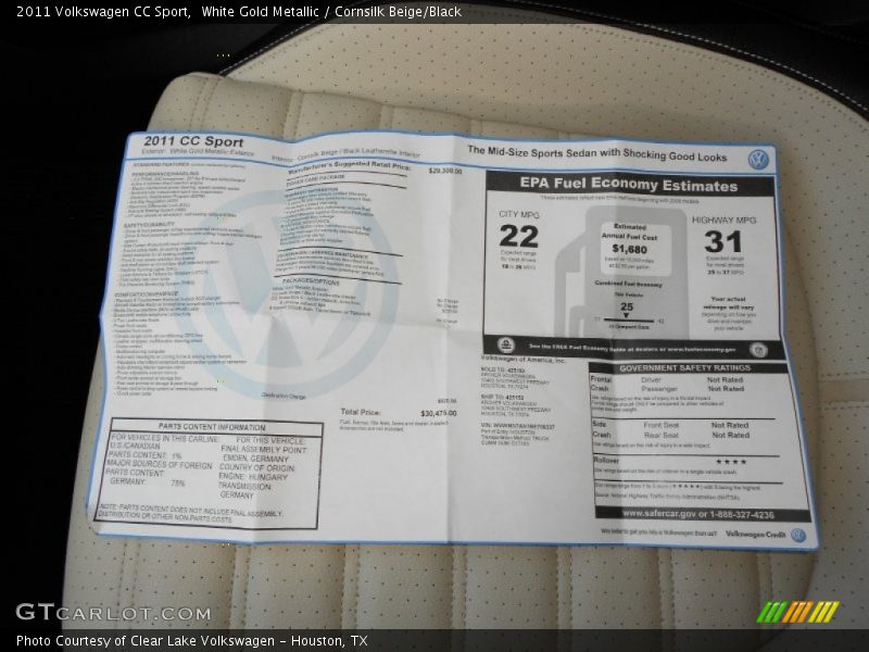 White Gold Metallic / Cornsilk Beige/Black 2011 Volkswagen CC Sport