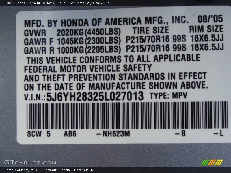 Satin Silver Metallic / Gray/Blue 2005 Honda Element LX AWD