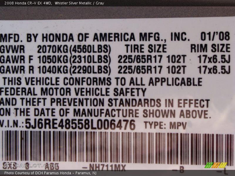 Whistler Silver Metallic / Gray 2008 Honda CR-V EX 4WD