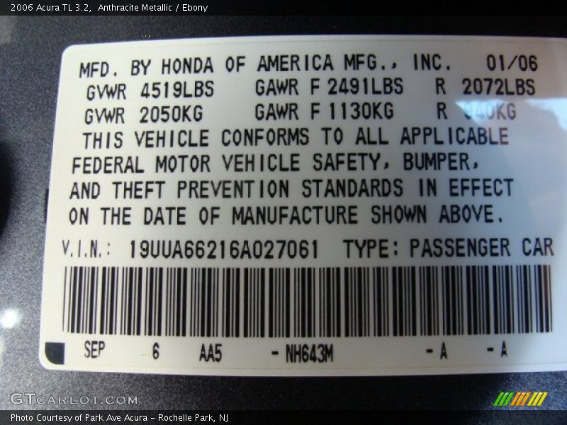 Anthracite Metallic / Ebony 2006 Acura TL 3.2