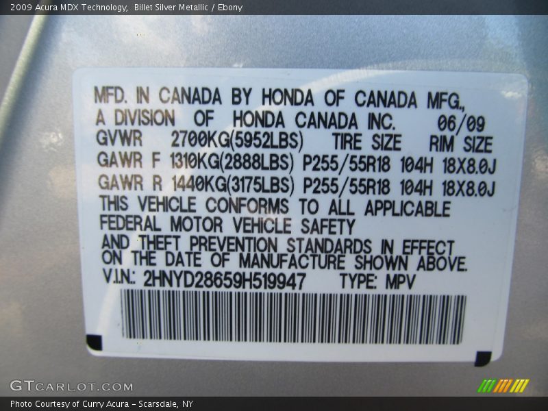 Billet Silver Metallic / Ebony 2009 Acura MDX Technology
