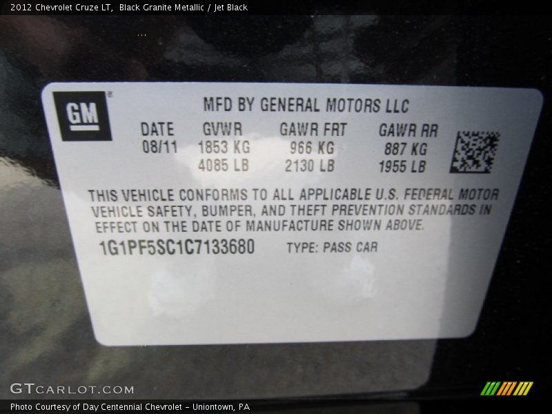Black Granite Metallic / Jet Black 2012 Chevrolet Cruze LT