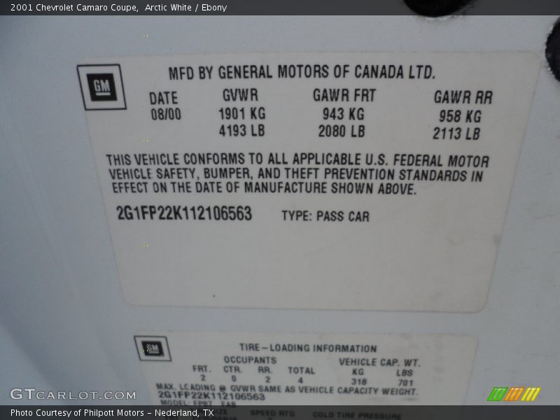 Arctic White / Ebony 2001 Chevrolet Camaro Coupe
