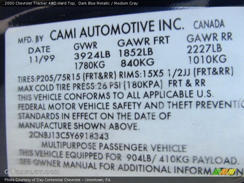 Dark Blue Metallic / Medium Gray 2000 Chevrolet Tracker 4WD Hard Top