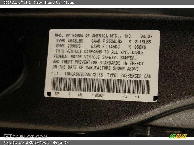 Carbon Bronze Pearl / Ebony 2007 Acura TL 3.2