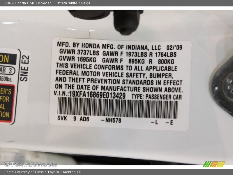 Taffeta White / Beige 2009 Honda Civic EX Sedan