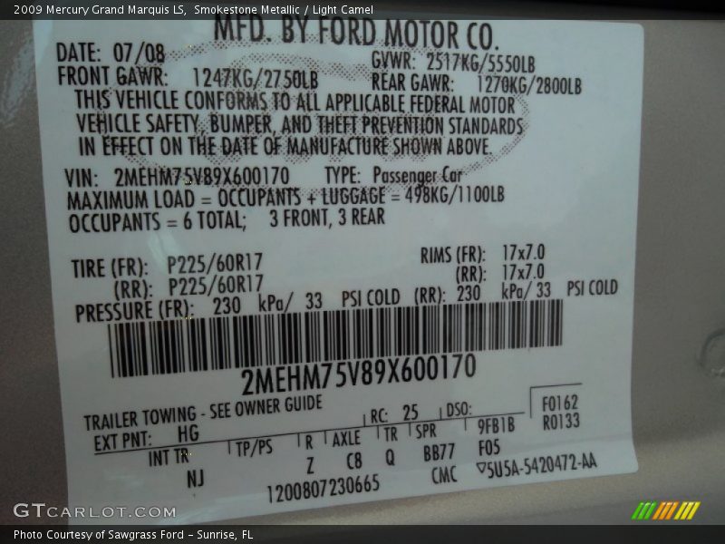 Smokestone Metallic / Light Camel 2009 Mercury Grand Marquis LS