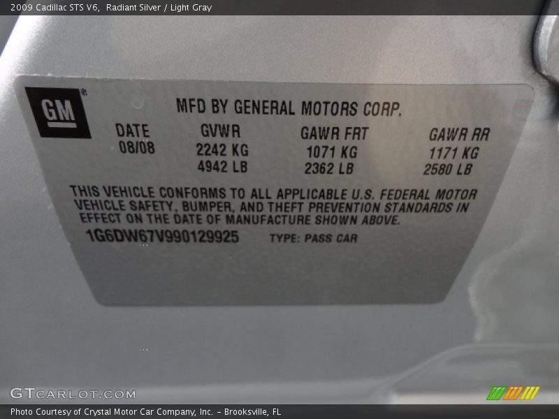 Radiant Silver / Light Gray 2009 Cadillac STS V6