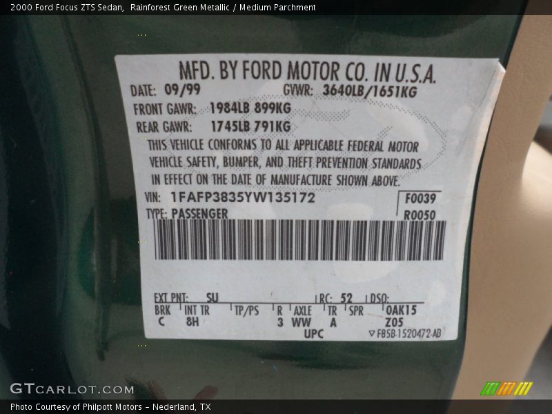 2000 Focus ZTS Sedan Rainforest Green Metallic Color Code SU