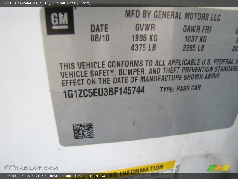 Summit White / Ebony 2011 Chevrolet Malibu LT