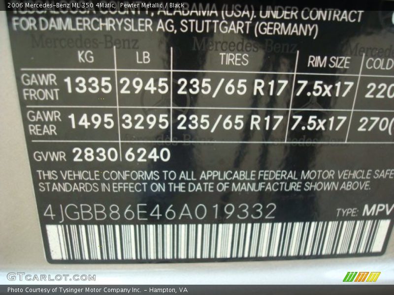 Pewter Metallic / Black 2006 Mercedes-Benz ML 350 4Matic