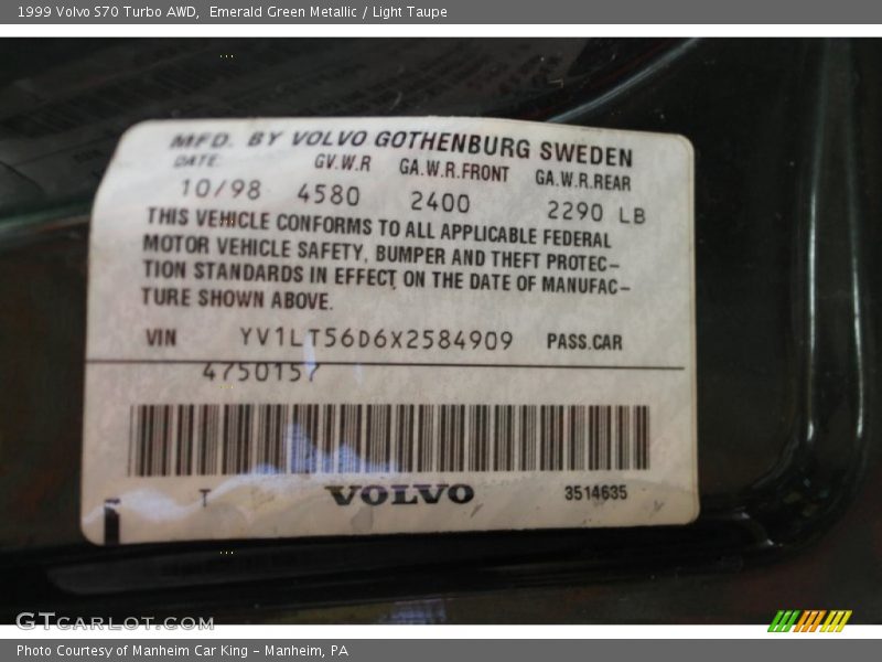 Emerald Green Metallic / Light Taupe 1999 Volvo S70 Turbo AWD