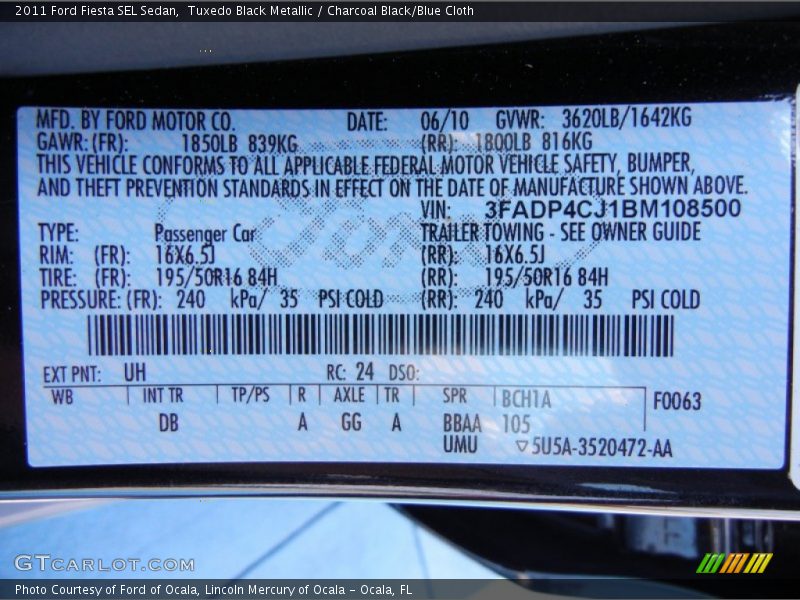 2011 Fiesta SEL Sedan Tuxedo Black Metallic Color Code UH