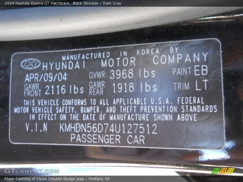 Black Obsidian / Dark Gray 2004 Hyundai Elantra GT Hatchback
