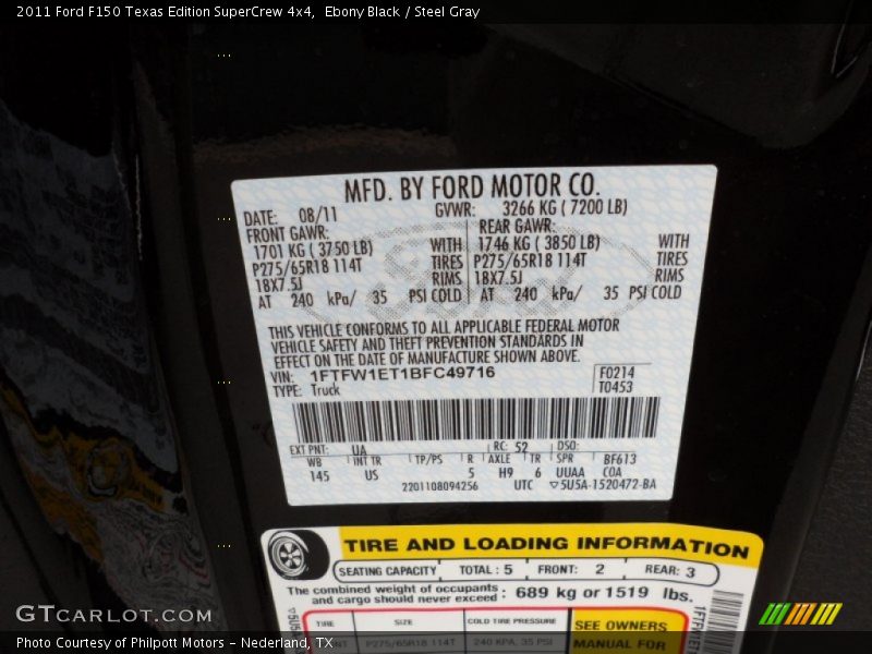 Ebony Black / Steel Gray 2011 Ford F150 Texas Edition SuperCrew 4x4