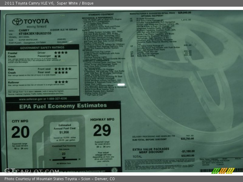 Super White / Bisque 2011 Toyota Camry XLE V6