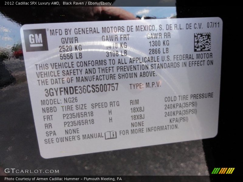 Info Tag of 2012 SRX Luxury AWD