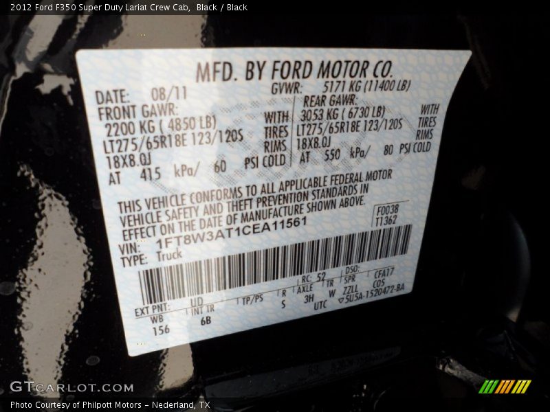 2012 F350 Super Duty Lariat Crew Cab Black Color Code UD