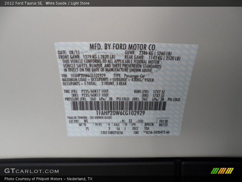 2012 Taurus SE White Suede Color Code WS