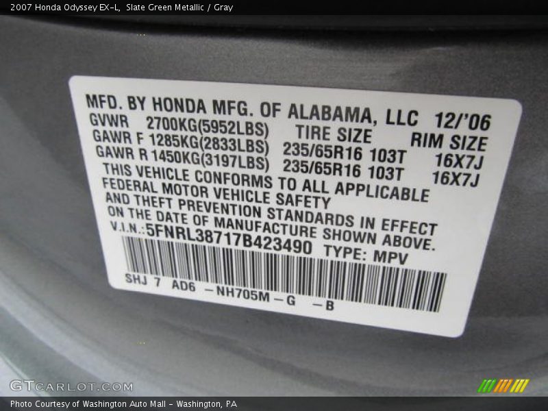 Slate Green Metallic / Gray 2007 Honda Odyssey EX-L