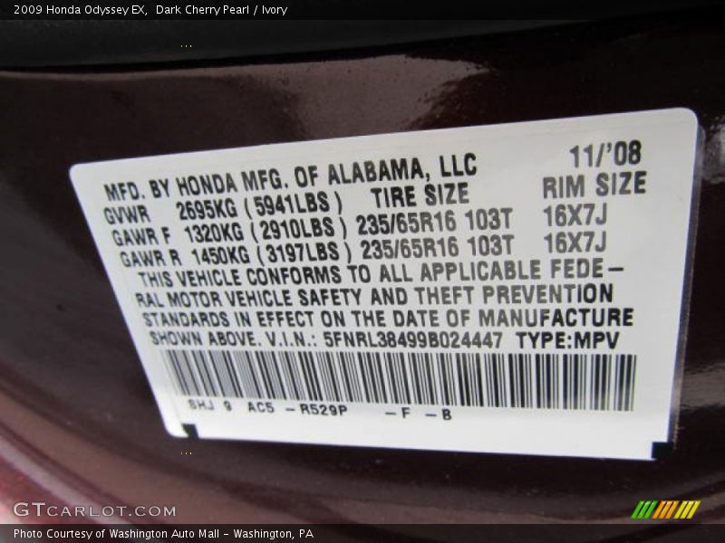 Dark Cherry Pearl / Ivory 2009 Honda Odyssey EX