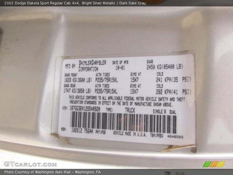 Bright Silver Metallic / Dark Slate Gray 2002 Dodge Dakota Sport Regular Cab 4x4