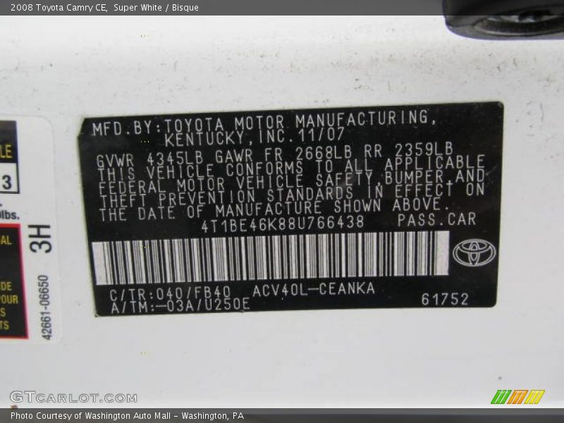 Super White / Bisque 2008 Toyota Camry CE
