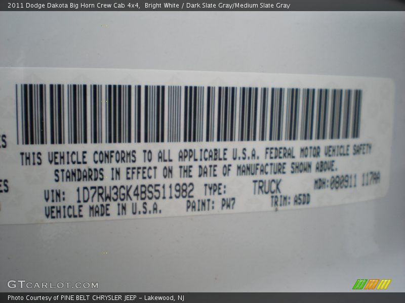Bright White / Dark Slate Gray/Medium Slate Gray 2011 Dodge Dakota Big Horn Crew Cab 4x4