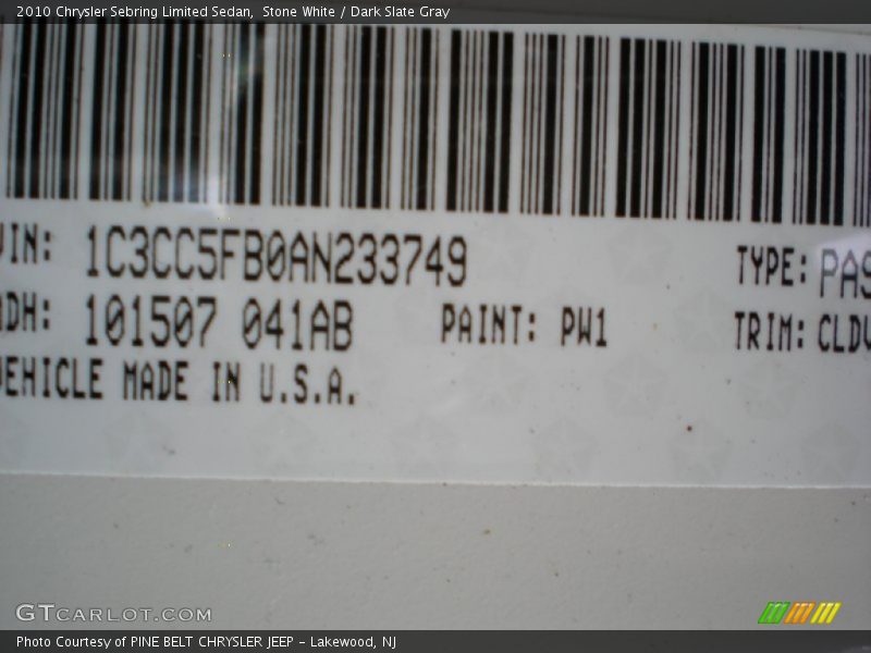 Stone White / Dark Slate Gray 2010 Chrysler Sebring Limited Sedan