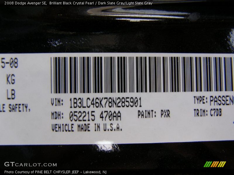 Brilliant Black Crystal Pearl / Dark Slate Gray/Light Slate Gray 2008 Dodge Avenger SE