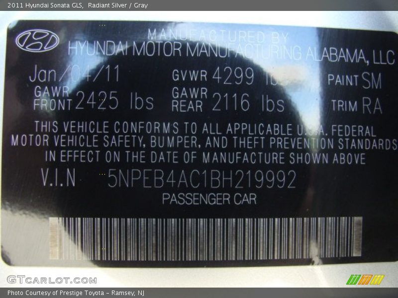 Radiant Silver / Gray 2011 Hyundai Sonata GLS