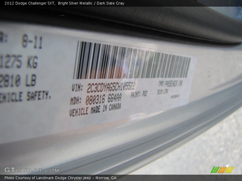 Bright Silver Metallic / Dark Slate Gray 2012 Dodge Challenger SXT