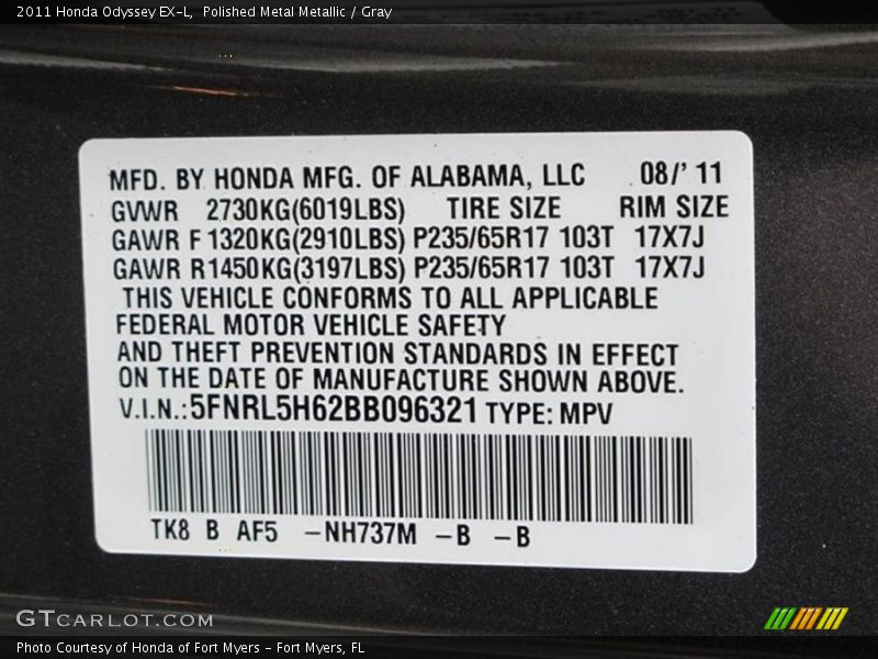 Polished Metal Metallic / Gray 2011 Honda Odyssey EX-L