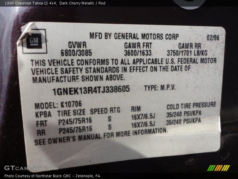 Info Tag of 1996 Tahoe LS 4x4